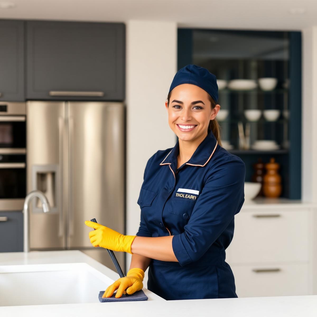 Professional Coastal Home Cleaning technician in a luxury kitchen